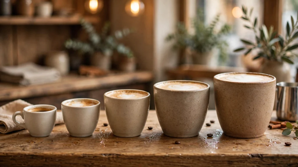 Row of coffee cups in ascending sizes from small to extra-large on a wooden cafe counter