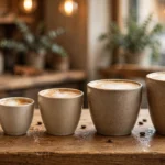 Row of coffee cups in ascending sizes from small to extra-large on a wooden cafe counter