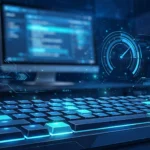 Backlit computer keyboard and monitor with WPM speedometer graphics for a typing test guide