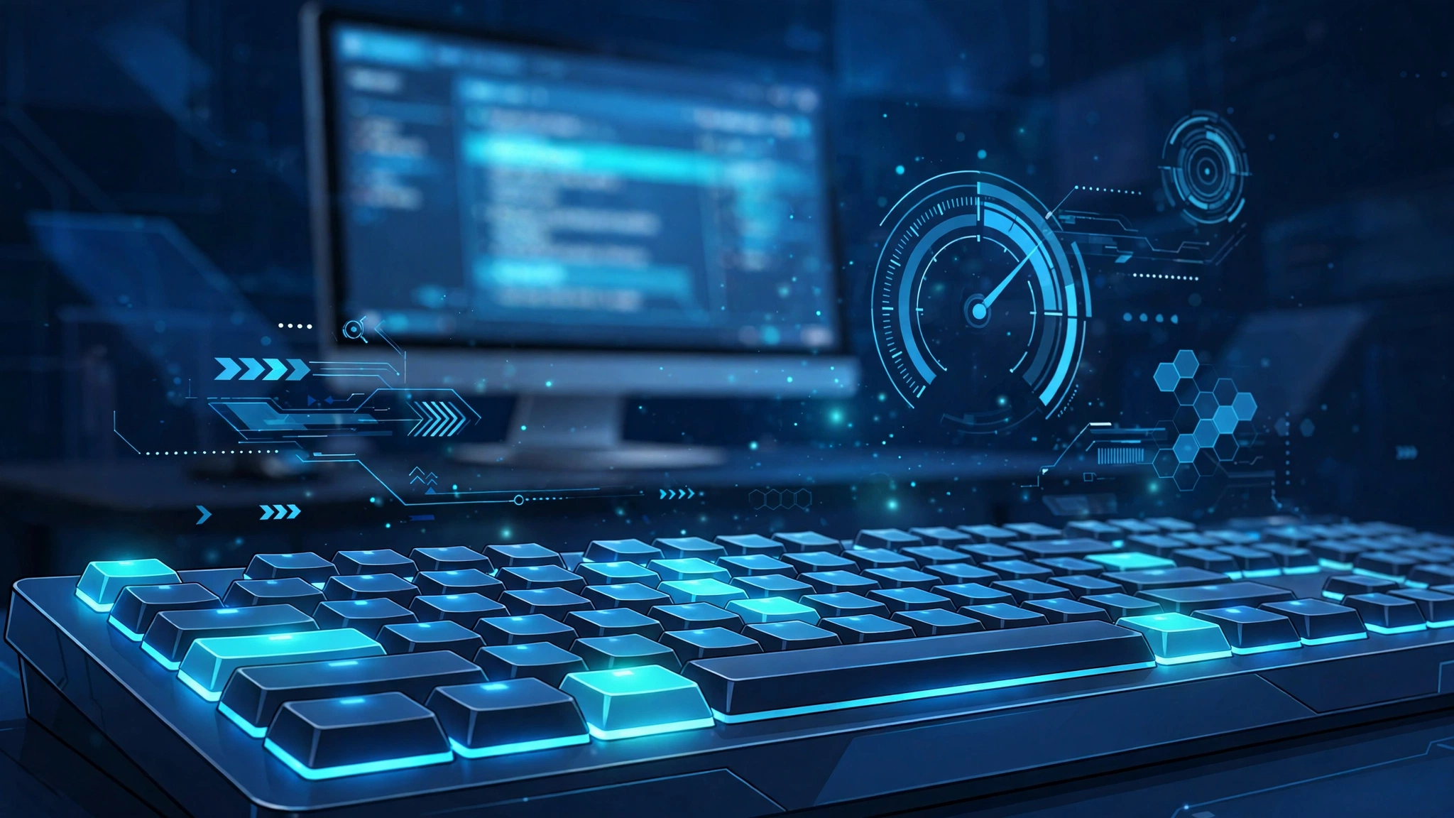 Backlit computer keyboard and monitor with WPM speedometer graphics for a typing test guide