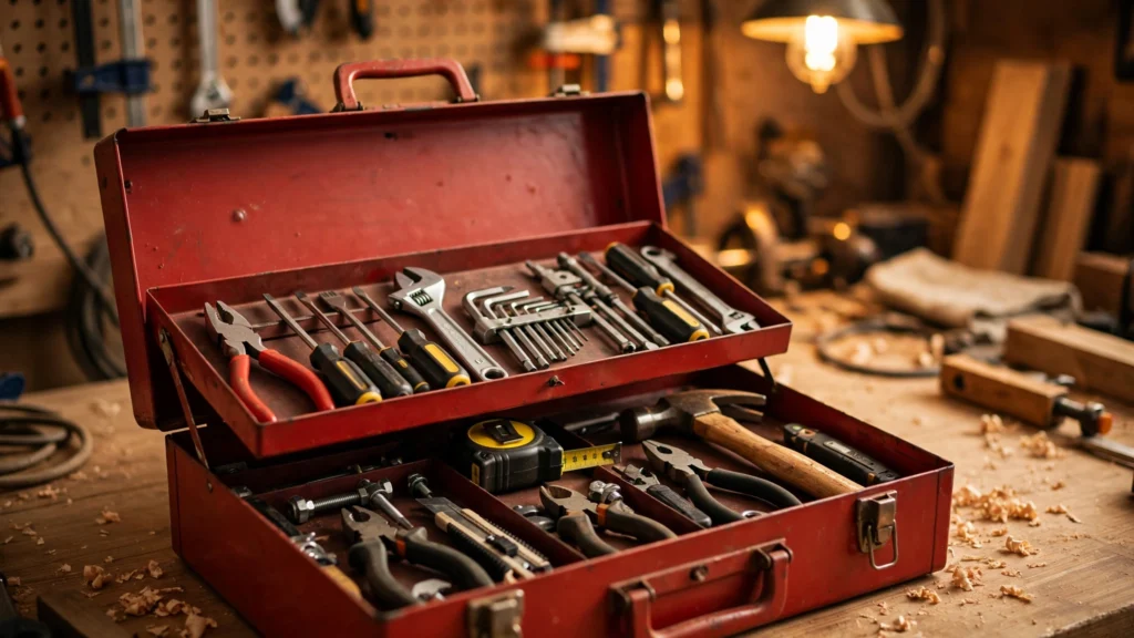 Open red metal toolbox with organized hand tools in a workshop