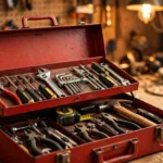 Open red metal toolbox with organized hand tools in a workshop