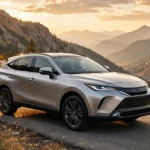 Silver Toyota Venza hybrid SUV on a scenic mountain road at golden hour