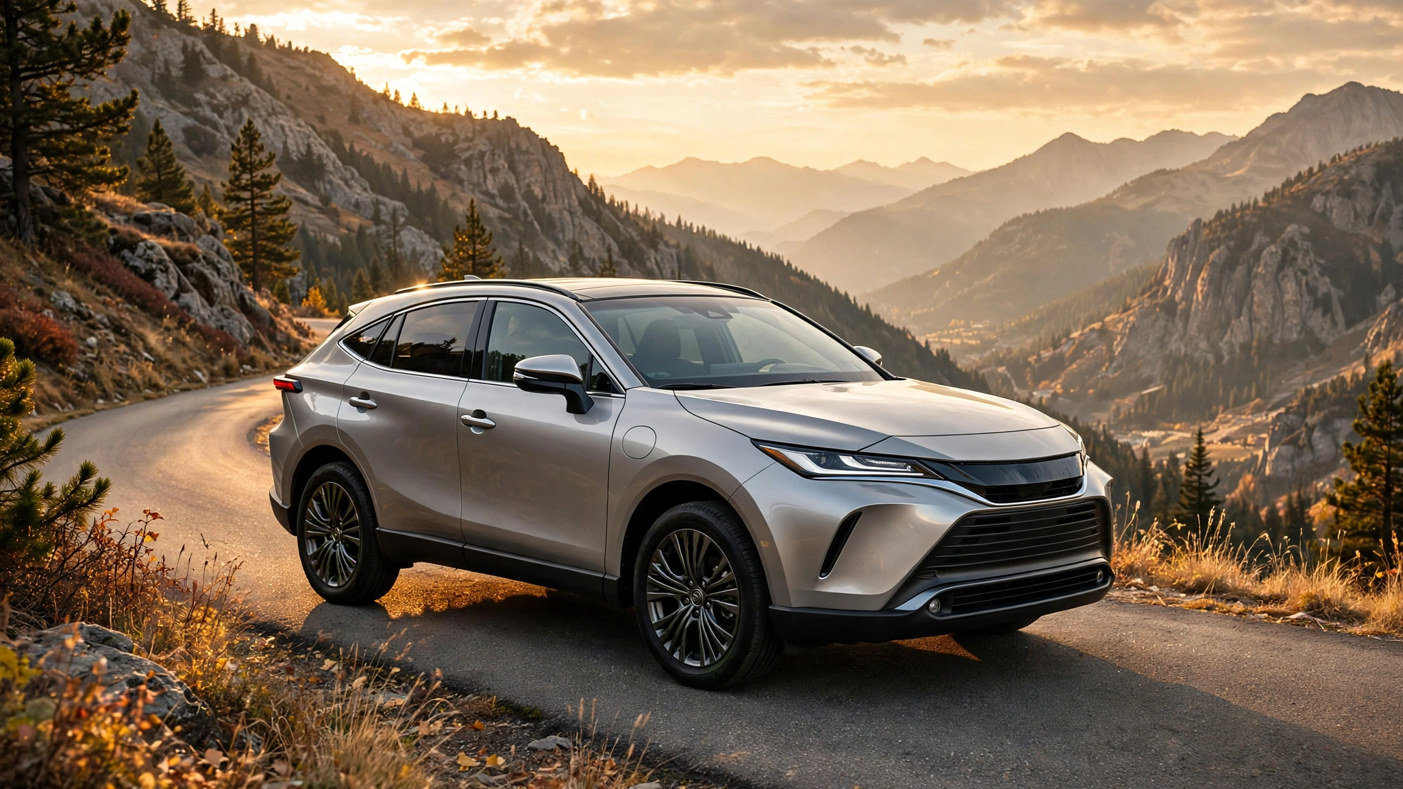 Silver Toyota Venza hybrid SUV on a scenic mountain road at golden hour