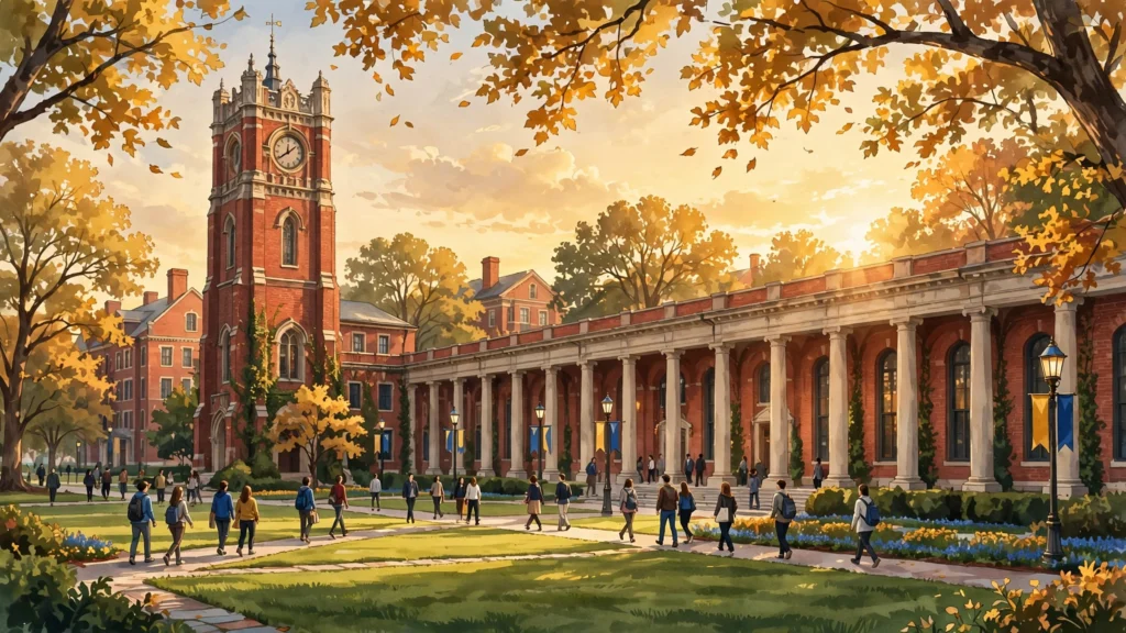 University campus with historic clock tower and colonnade at golden hour