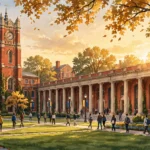 University campus with historic clock tower and colonnade at golden hour