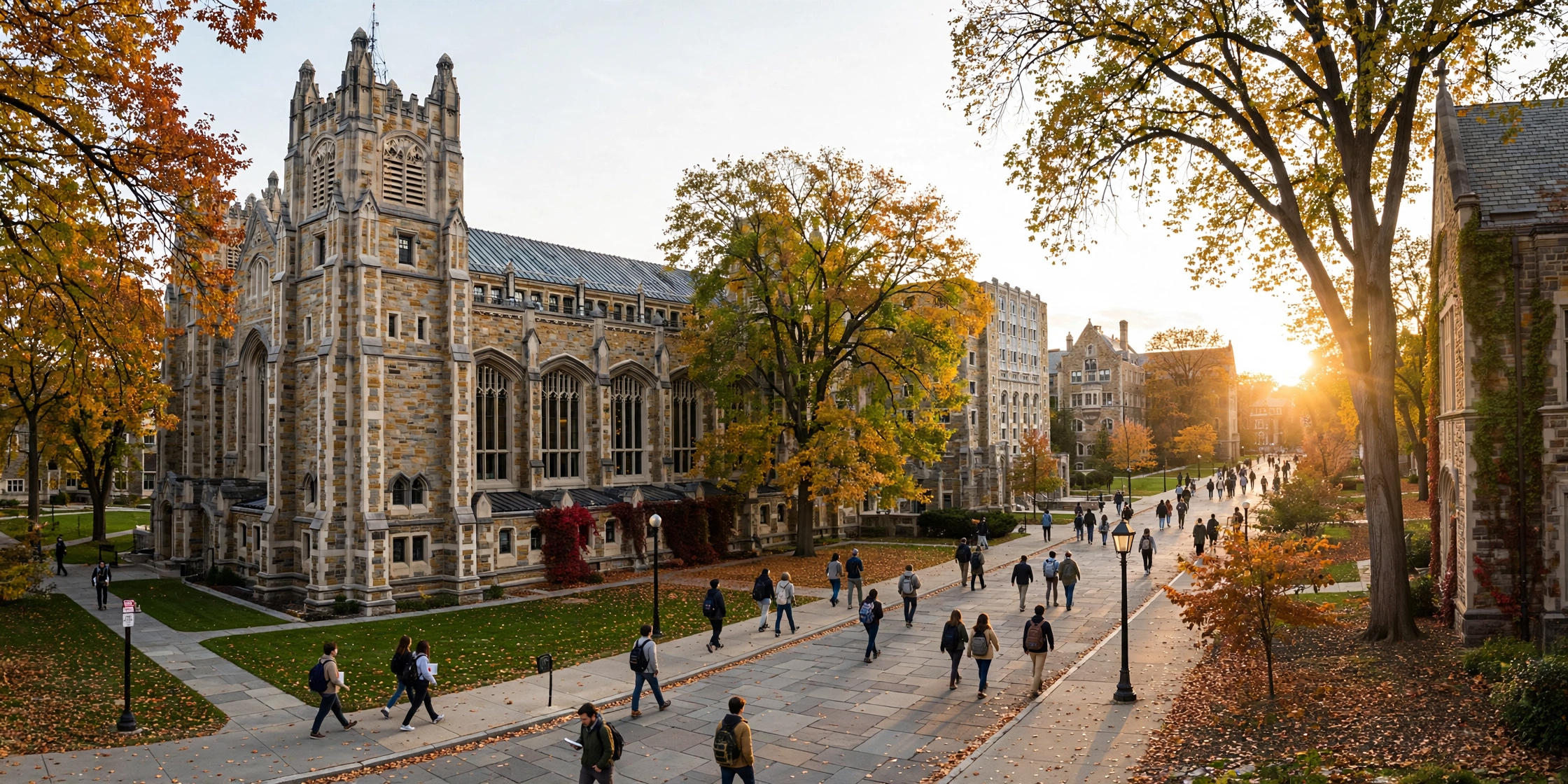 University of Michigan campus with historic buildings and autumn trees, students walking