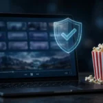 Laptop with movie streaming interface, popcorn and security shield icon