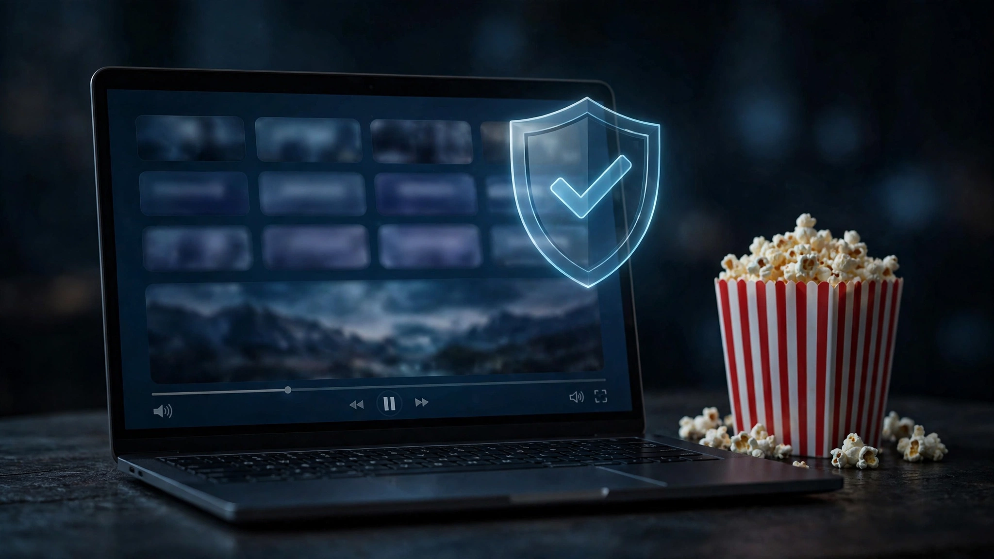 Laptop with movie streaming interface, popcorn and security shield icon